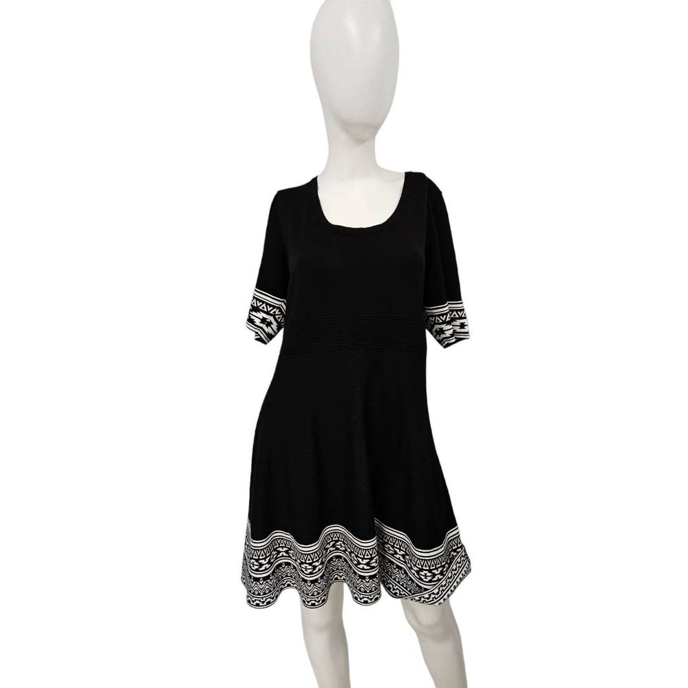 Black Scoop Neck A-Line Dress with Decorative Hem and Sleeve Trim
